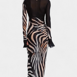Taisia Long Zebra Print Dress with Deep Neckline