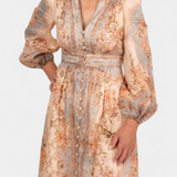 Dorotila Maxi Flared Dress with Floral Print, Buttons and Balloon Sleeves