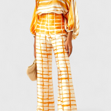 Sybella Two-Piece Set with Off-Shoulder Design and Wide-Leg Printed Trousers