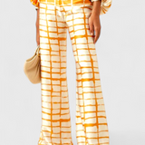 Sybella Two-Piece Set with Off-Shoulder Design and Wide-Leg Printed Trousers