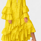 Eliselle Asymmetrical Maxi Dress with Ruffles and Bell Sleeves
