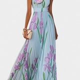Calanthe Long Pleated Dress with Floral Print and Square Neckline