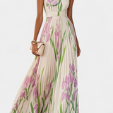 Calanthe Long Pleated Dress with Floral Print and Square Neckline