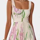 Calanthe Long Pleated Dress with Floral Print and Square Neckline