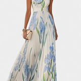 Calanthe Long Pleated Dress with Floral Print and Square Neckline