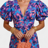 Wibia Printed Dress with Central Ruching and Voluminous Sleeves