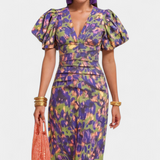 Wibia Printed Dress with Central Ruching and Voluminous Sleeves