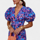 Wibia Printed Dress with Central Ruching and Voluminous Sleeves