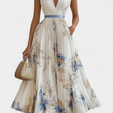 Elise Midi Dress Without Sleeves in Floral Print and Pleats