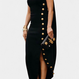 Aphrodite Asymmetrical Dress with Decorative Gold Buttons