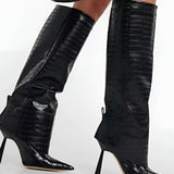 High Heel Crocodile Effect Synthetic Leather Boots with Pointed Toe