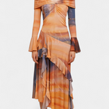 Agentha Asymmetrical Long Dress with Tie-Dye Print