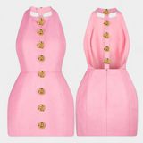 Yvonne Mini Dress with Halter Neck and Open Back with Floral Detail