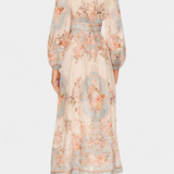 Dorotila Maxi Flared Dress with Floral Print, Buttons and Balloon Sleeves