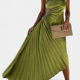 Leire Asymmetrical Cocktail Dress with Floral Applique and Pleated Skirt