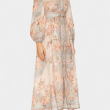 Dorotila Maxi Flared Dress with Floral Print, Buttons and Balloon Sleeves