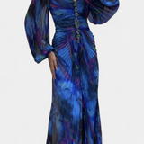 Quintessa Maxi Pleated Dress with Long Sleeves and Vibrant Print