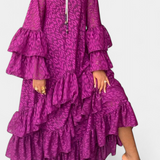 Eliselle Asymmetrical Maxi Dress with Ruffles and Bell Sleeves