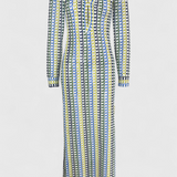 Crisanta Long Printed Dress with Multicoloured Waves and Long Sleeves