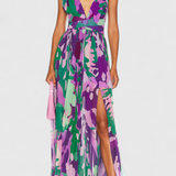 Cecil Long Pleated Dress with Watercolour Print and Open Back