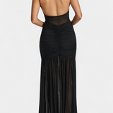 Therese Long Milk Silk Dress with Deep Neckline and Sculpted Ruching