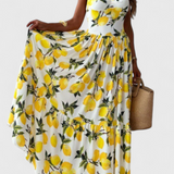 Huda Lemon Print Maxi Dress with Straps and Side Split
