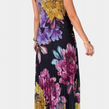Shaya Long Pleated Chiffon Dress with Print