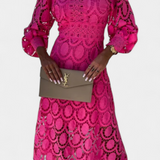 Lucinda Lace Midi Dress with Puff Sleeves and High Neck