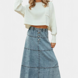 Lorraine Maxi Denim Skirt with Feather Detail