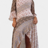 Ruth Long Floral Dress with 3/4 Sleeves and Flounce Panels