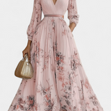 Phaedra Pleated Chiffon Maxi Dress with Balloon Sleeves