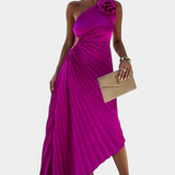 Leire Asymmetrical Cocktail Dress with Floral Applique and Pleated Skirt