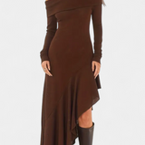 Recife Asymmetrical Long Dress with One Shoulder and Long Sleeves