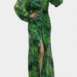Quintessa Maxi Pleated Dress with Long Sleeves and Vibrant Print