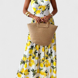 Huda Lemon Print Maxi Dress with Straps and Side Split