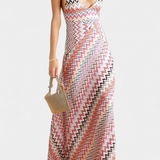 France Multicolour Knitted Long Dress with Deep Neckline and Crossed Back