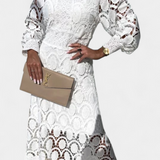 Lucinda Lace Midi Dress with Puff Sleeves and High Neck