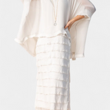 Rosaria Midi Dress with Ruffles and Frayed Edges