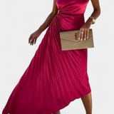 Leire Asymmetrical Cocktail Dress with Floral Applique and Pleated Skirt