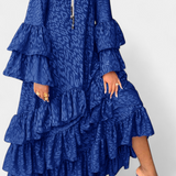Eliselle Asymmetrical Maxi Dress with Ruffles and Bell Sleeves