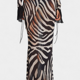 Taisia Long Zebra Print Dress with Deep Neckline