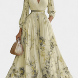 Phaedra Pleated Chiffon Maxi Dress with Balloon Sleeves