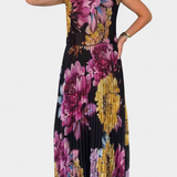 Shaya Long Pleated Chiffon Dress with Print
