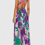 Cecil Long Pleated Dress with Watercolour Print and Open Back