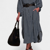 Eliana Striped Dress with Belt and Notched Collar