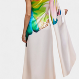 Beryl Asymmetrical Long Dress with One Sleeve and Modern Print