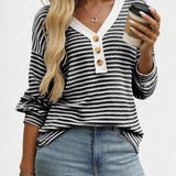 Rumer Striped Top with V-Neck and Buttons
