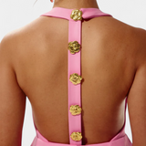 Yvonne Mini Dress with Halter Neck and Open Back with Floral Detail