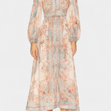 Dorotila Maxi Flared Dress with Floral Print, Buttons and Balloon Sleeves