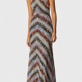 Melisa Long Halter Dress with Zigzag Lamé and Iridescent Finish